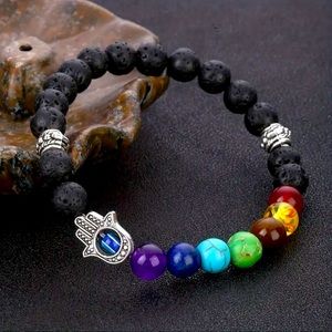 7 CHAKRA NATURAL STONE BLACK MATTE STRECHY BRACELET WITH BLUE EVIL’S HAMSA HAND